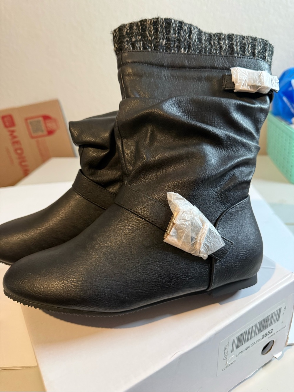 Kids Black Faux Leather Winter Boots with Knit Cuff